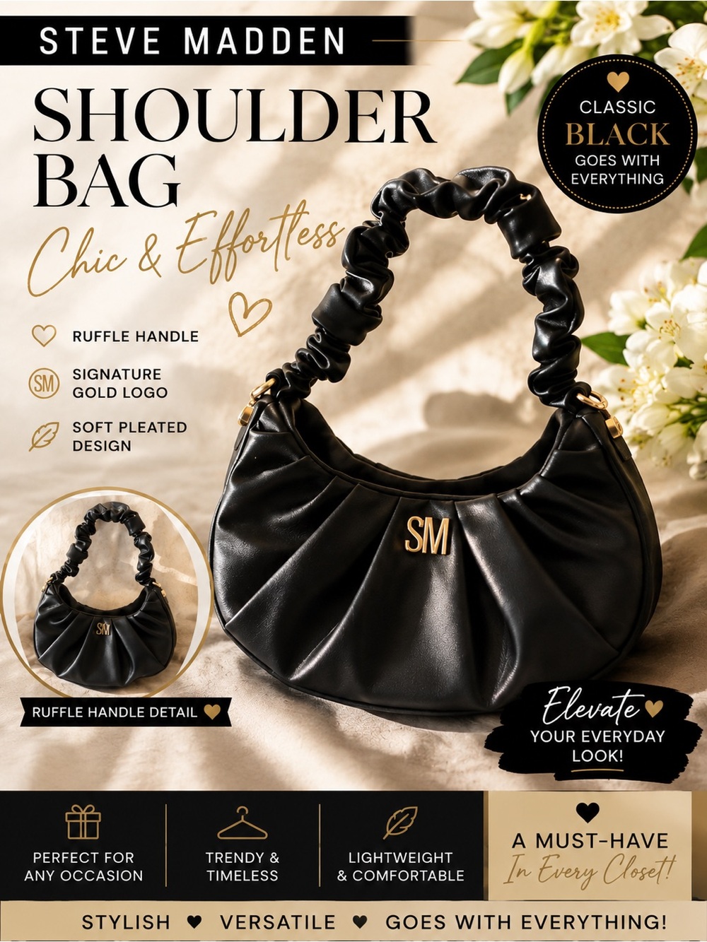 Steve Madden PLEATS BLACK SLINKY Strap Crossbody Hobo handbag Faux leather